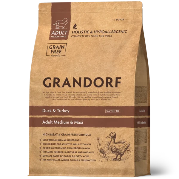 Grandorf Patka i Puretina Adult Medium&Maxi - Hrana bez žitarica za osjetljive pse